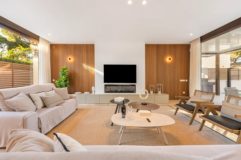Living room with sofas and wooden wall