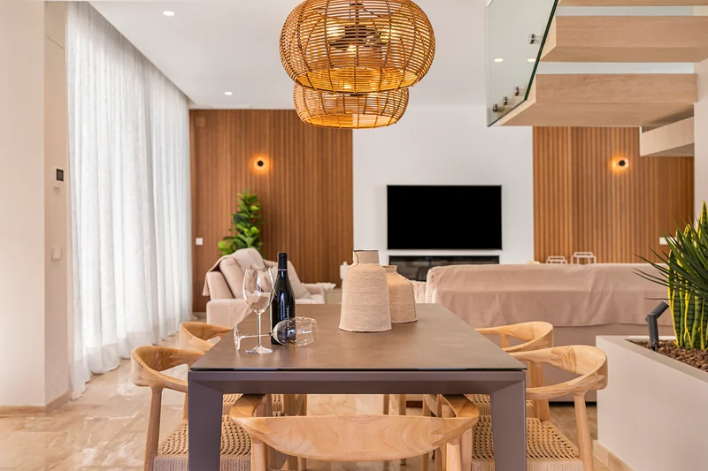 Dining area under the rattan lamp