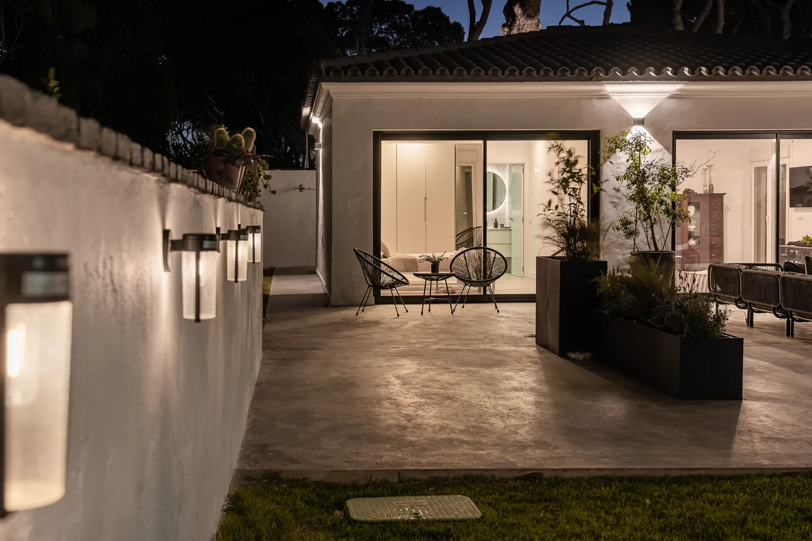 Terrace in the evening with light from the house